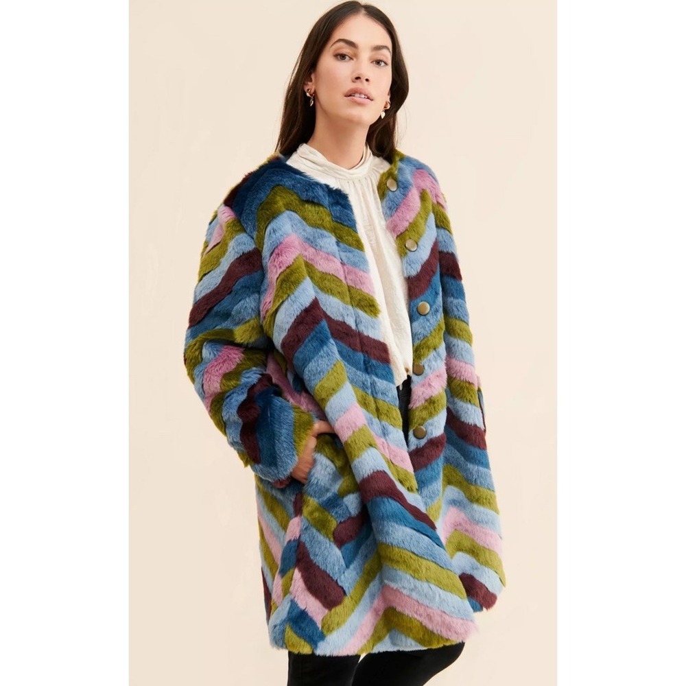Anthropologie Hutch Chevron Faux Fur Coat Size Small Rainbow Green Blue Pink